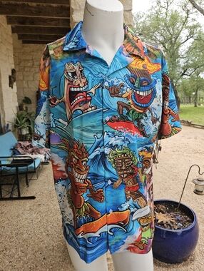 Ace Polyester Hawaiian Short Sleeve Camp Shirt Surfing Tikis Aloha Size L